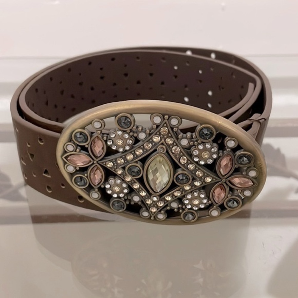 Brown Big Buckle Rhinestone Belt Size 3